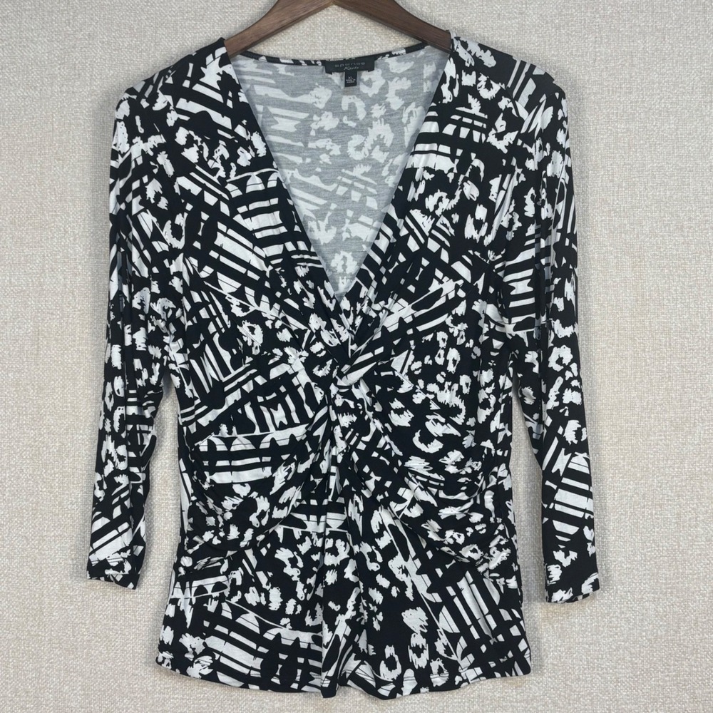 Spense Knits Womens XL Black White Geometric Animal Print Twist Front V-Neck Top